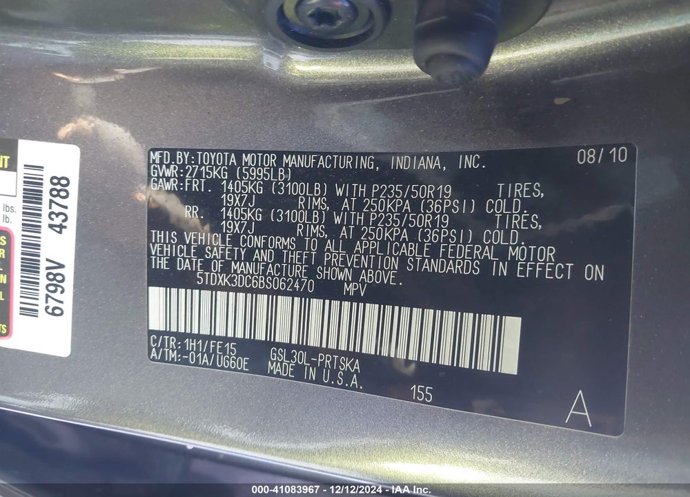2011 TOYOTA SIENNA SPORT VIN: 5TDXK3DC6BS062470
