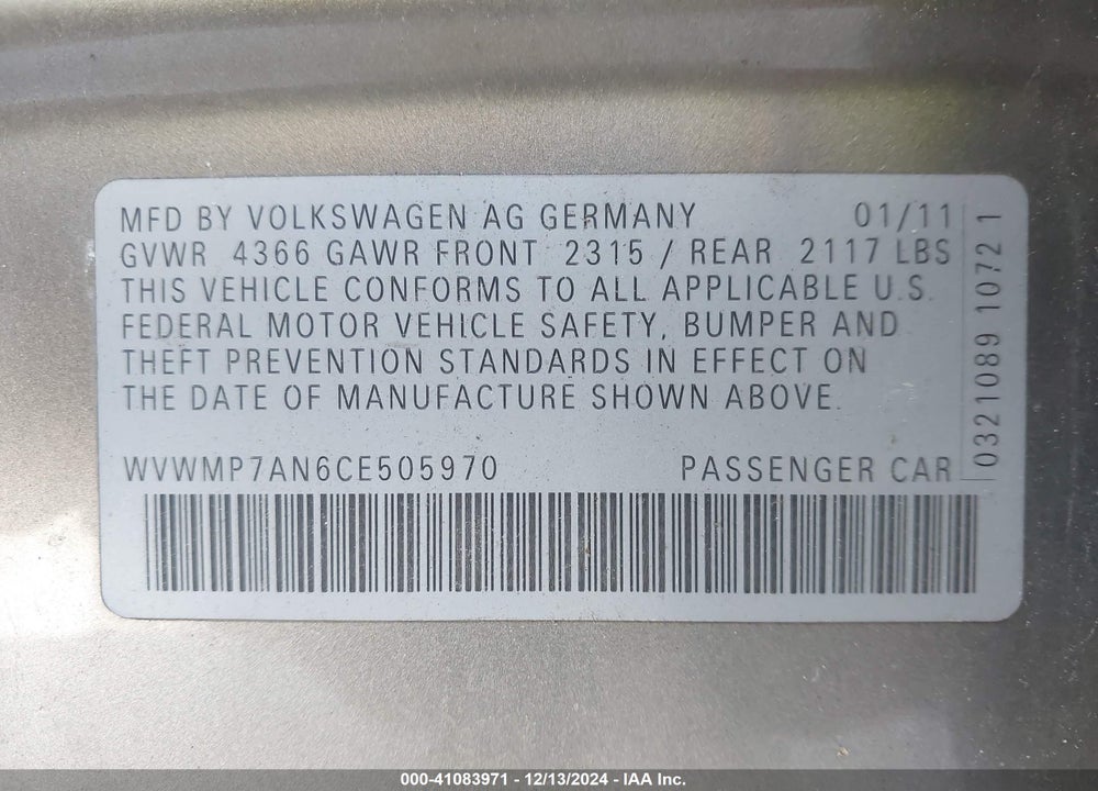 2012 VOLKSWAGEN CC SPORT VIN: WVWMP7AN6CE505970