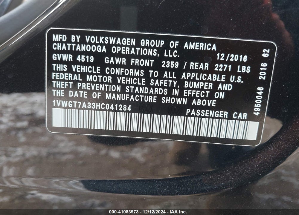 2017 VOLKSWAGEN PASSAT 1.8T SE VIN: 1VWGT7A33HC041284