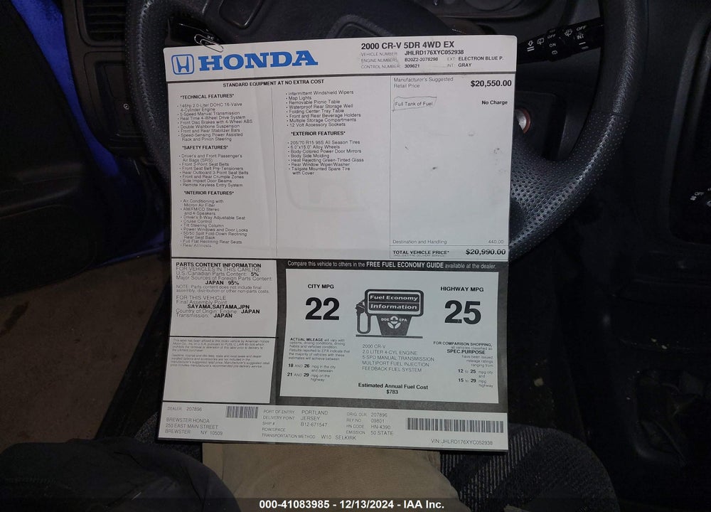 2000 HONDA CR-V EX VIN: JHLRD176XYC052938
