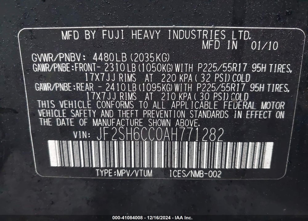 2010 SUBARU FORESTER 2.5X PREMIUM VIN: JF2SH6CC0AH771282