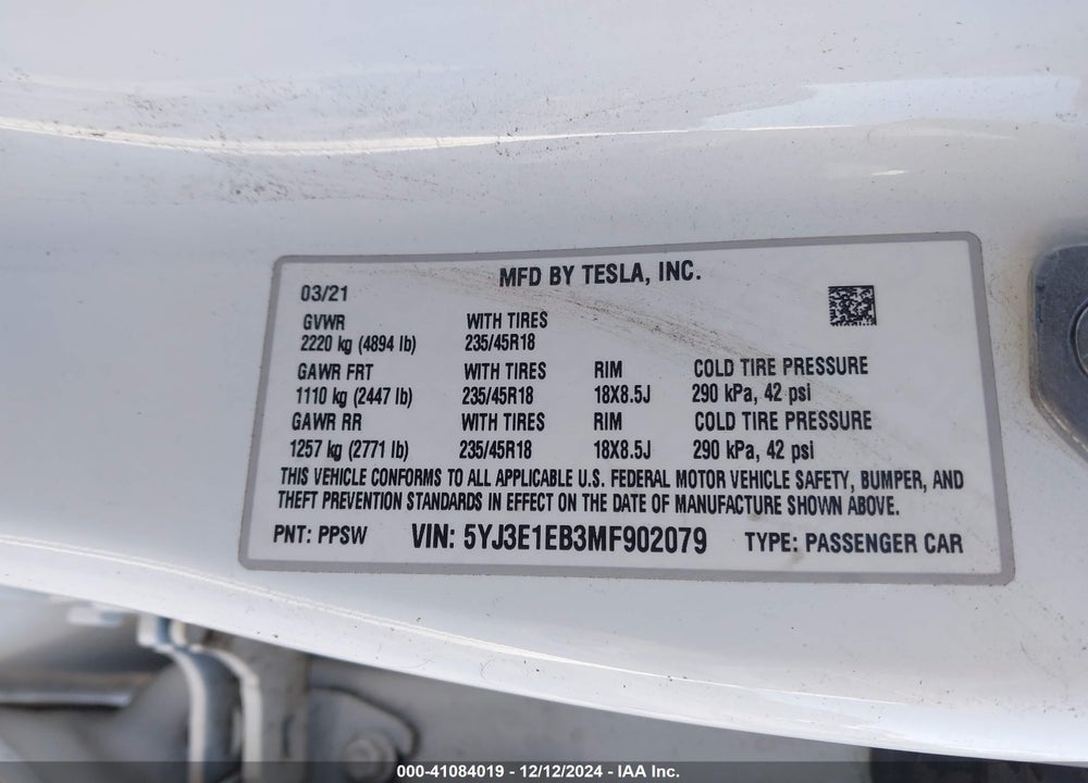 2021 TESLA MODEL 3 LONG RANGE DUAL MOTOR ALL-WHEEL DRIVE VIN: 5YJ3E1EB3MF902079