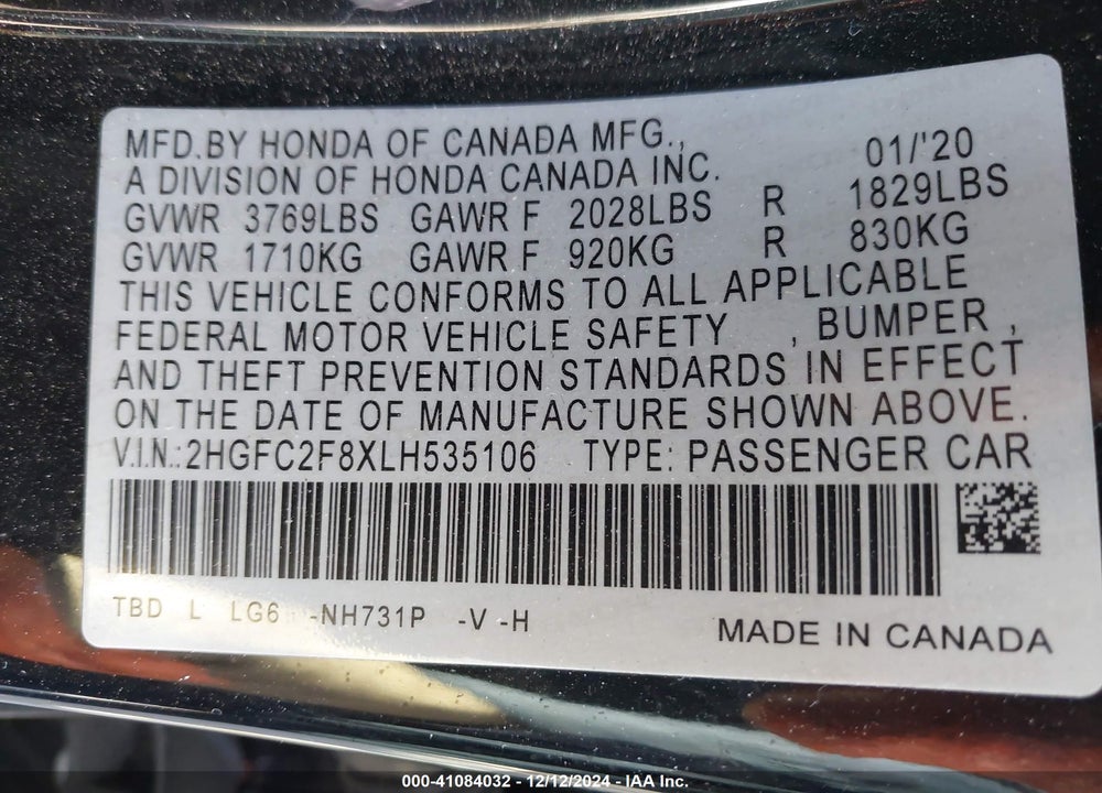 2020 HONDA CIVIC SPORT VIN: 2HGFC2F8XLH535106