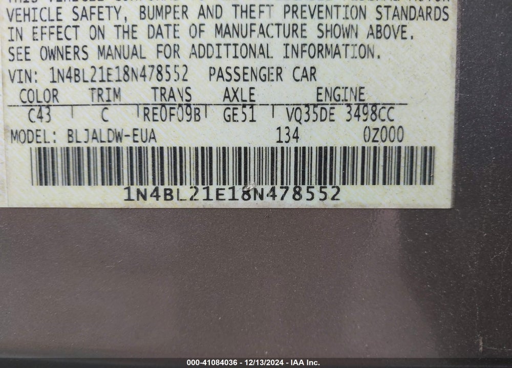 2008 NISSAN ALTIMA 3.5 SE VIN: 1N4BL21E18N478552
