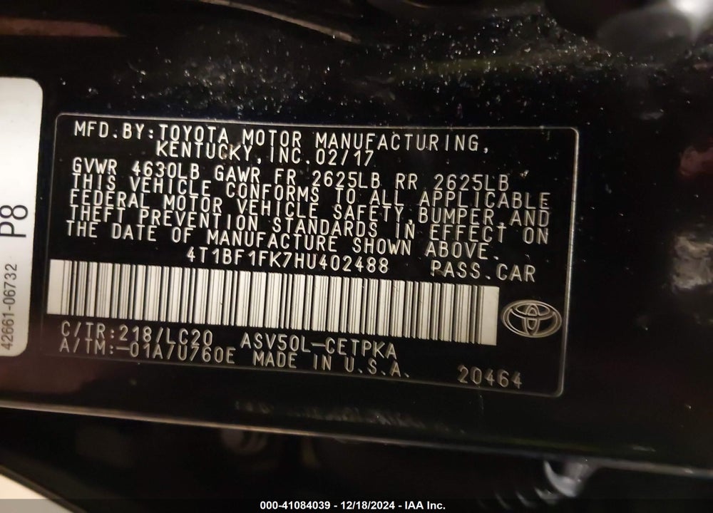 2017 TOYOTA CAMRY XSE VIN: 4T1BF1FK7HU402488