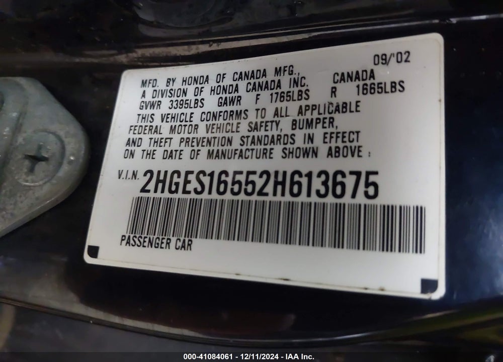 2002 HONDA CIVIC LX VIN: 2HGES16552H613675