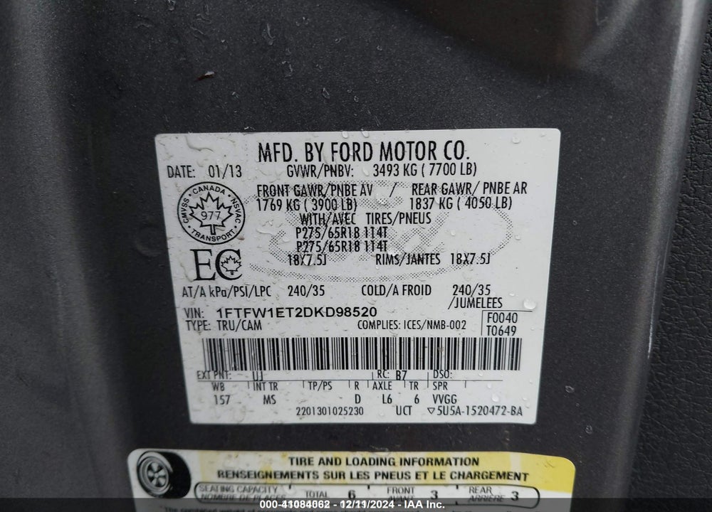 2013 FORD F-150 XLT VIN: 1FTFW1ET2DKD98520