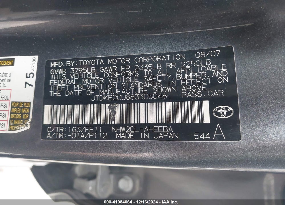 2008 TOYOTA PRIUS VIN: JTDKB20U883305046