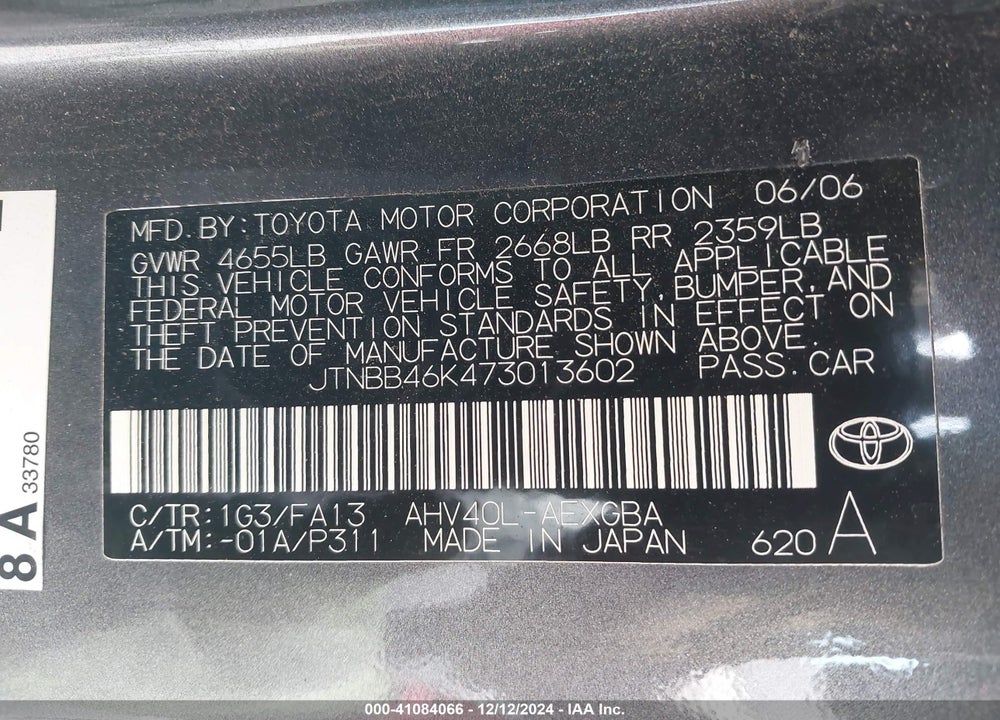 2007 TOYOTA CAMRY HYBRID VIN: JTNBB46K473013602