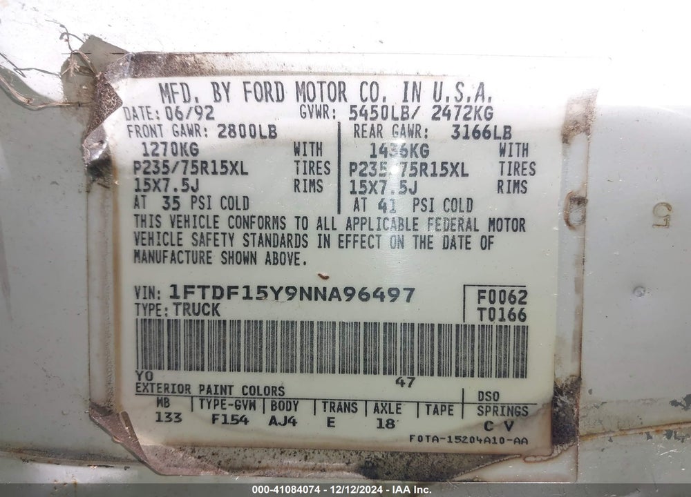 1992 FORD F150 VIN: 1FTDF15Y9NNA96497