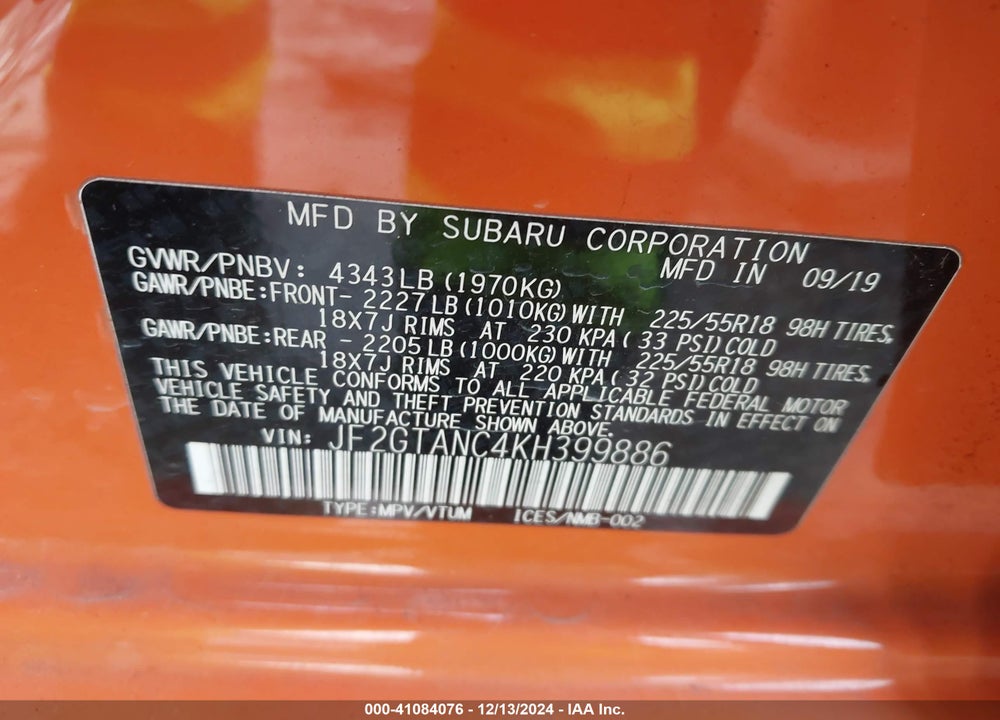 2019 SUBARU CROSSTREK 2.0I LIMITED VIN: JF2GTANC4KH399886