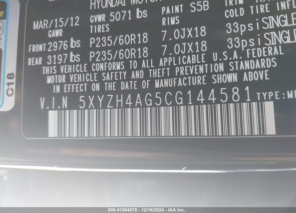 2012 HYUNDAI SANTA FE SE VIN: 5XYZH4AG5CG144581