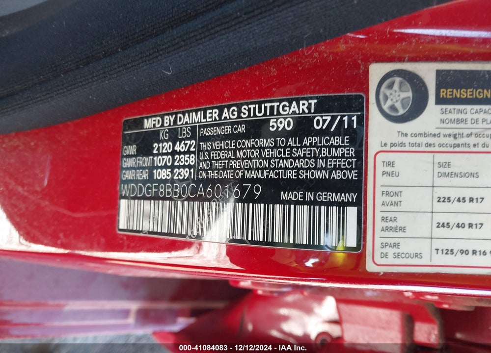 2012 MERCEDES-BENZ C 300 LUXURY 4MATIC/SPORT 4MATIC VIN: WDDGF8BB0CA601679