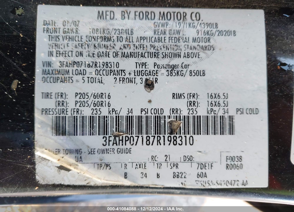 2007 FORD FUSION VIN: 3FAHP07187R198310