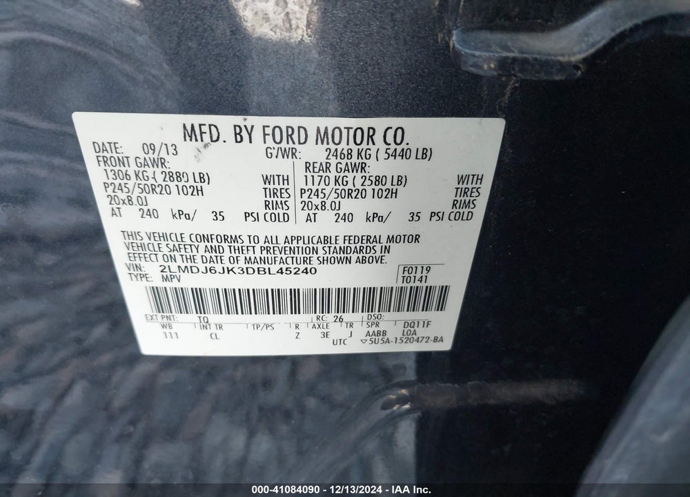 2013 LINCOLN MKX VIN: 2LMDJ6JK3DBL45240