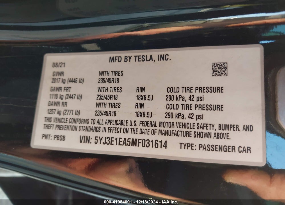 2021 TESLA MODEL 3 VIN: 5YJ3E1EA5MF031614