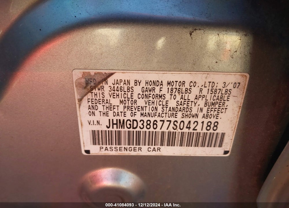 2007 HONDA FIT VIN: JHMGD38677S042188