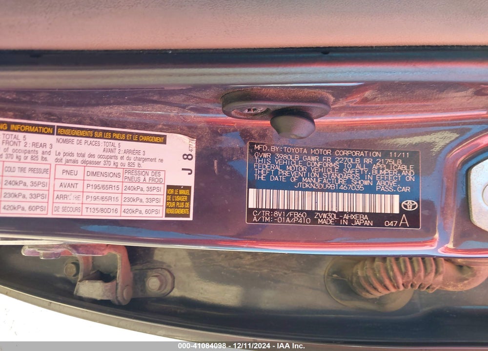2011 TOYOTA PRIUS TWO VIN: JTDKN3DU9B1467035