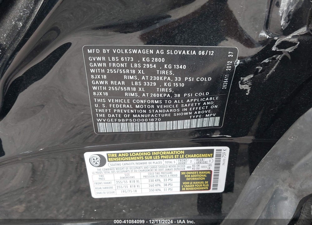 2013 VOLKSWAGEN TOUAREG VR6 SPORT VIN: WVGEF9BP5DD001870