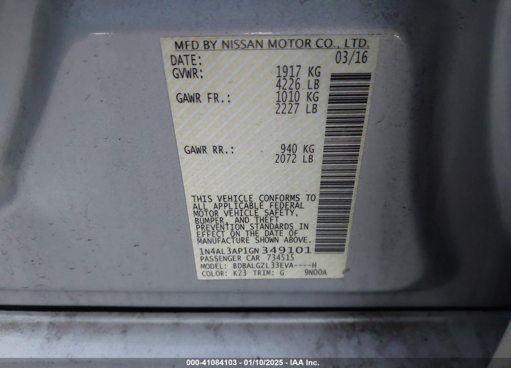 2016 NISSAN ALTIMA VIN: 1N4AL3AP1GN349101