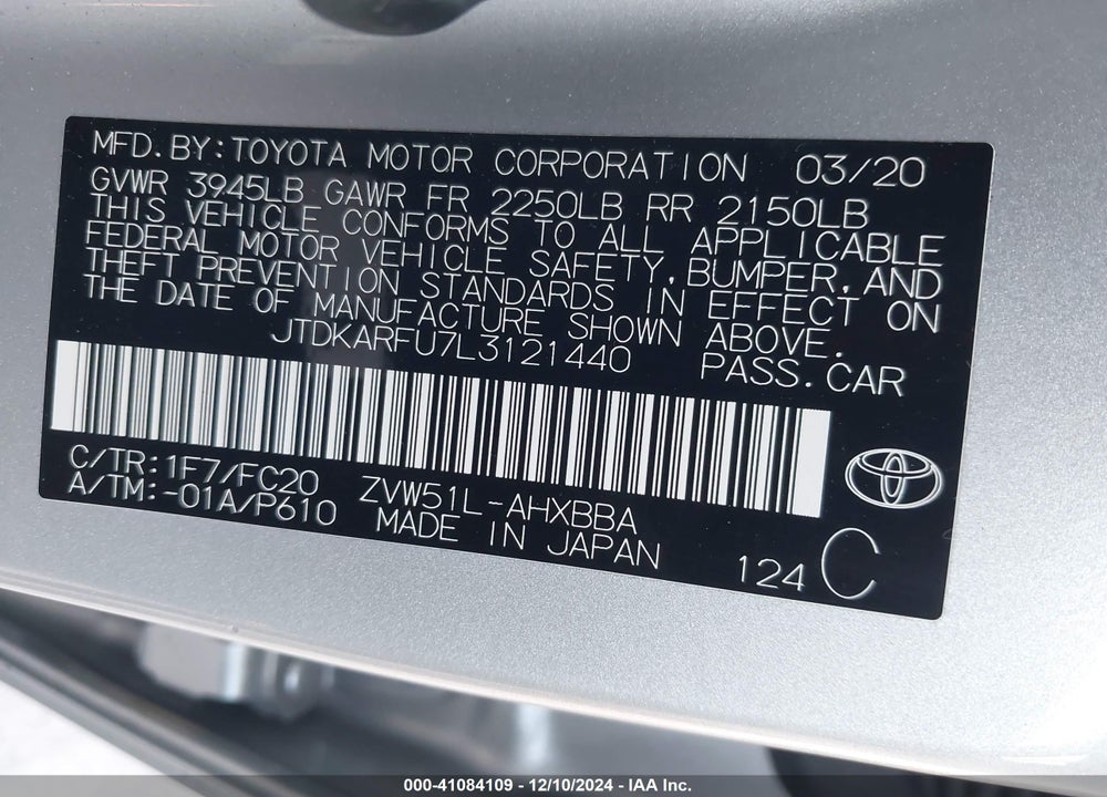 2020 TOYOTA PRIUS L ECO VIN: JTDKARFU7L3121440