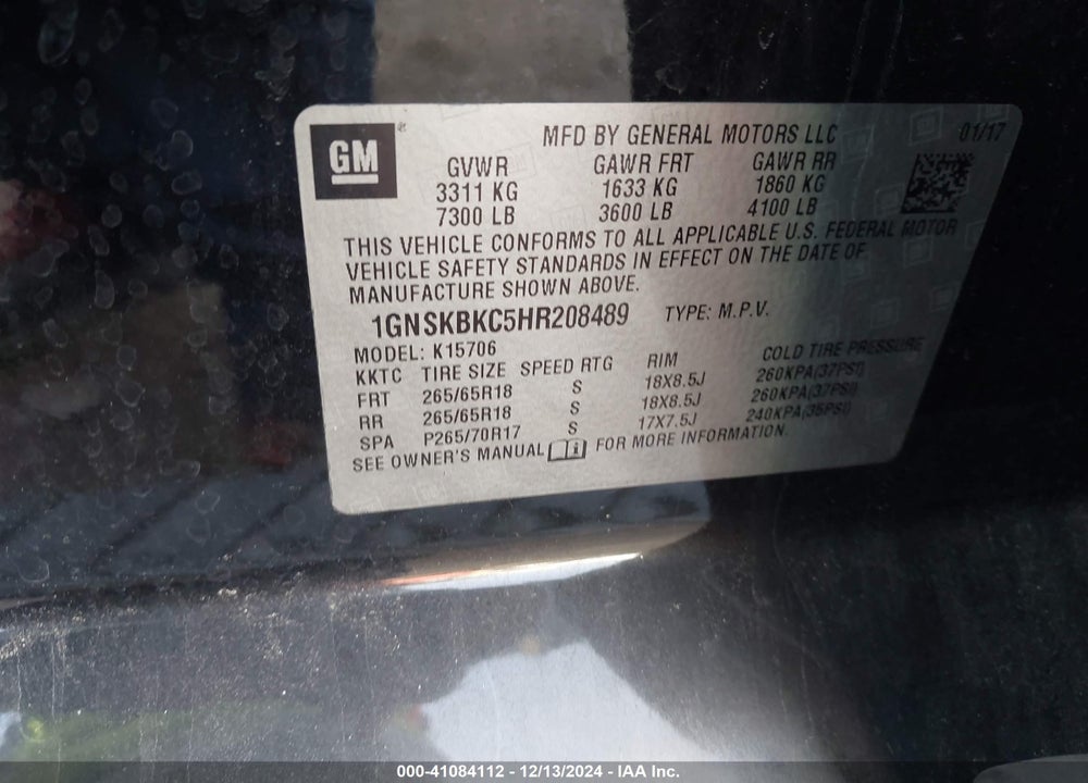2017 CHEVROLET TAHOE VIN: 1GNSKBKC5HR208489