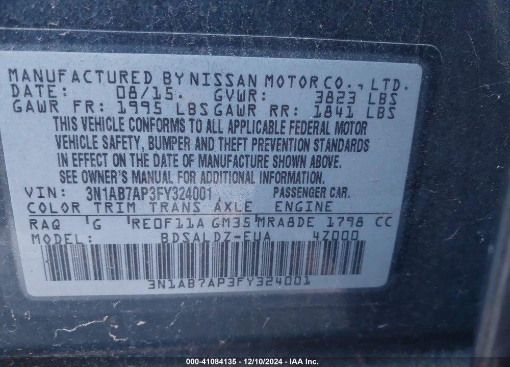 2015 NISSAN SENTRA SV VIN: 3N1AB7AP3FY324001