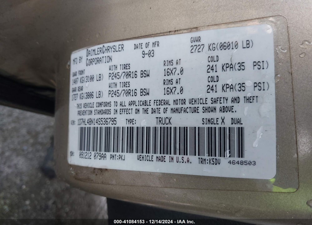 2004 DODGE DAKOTA SLT VIN: 1D7HL48N14S536795