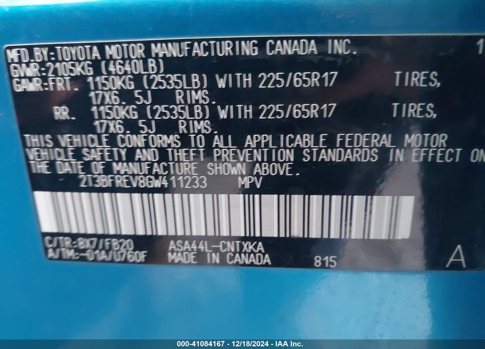 2012 TOYOTA RAV4 VIN: 2T3BF4DV1CW214421