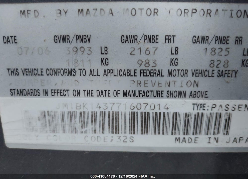 2007 MAZDA 3 S SPORT VIN: JM1BK143771607014