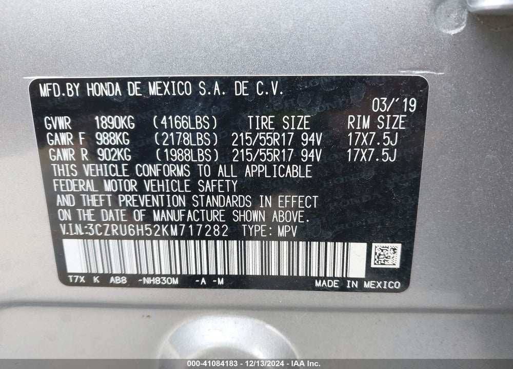 2019 HONDA HR-V EX VIN: 3CZRU6H52KM717282