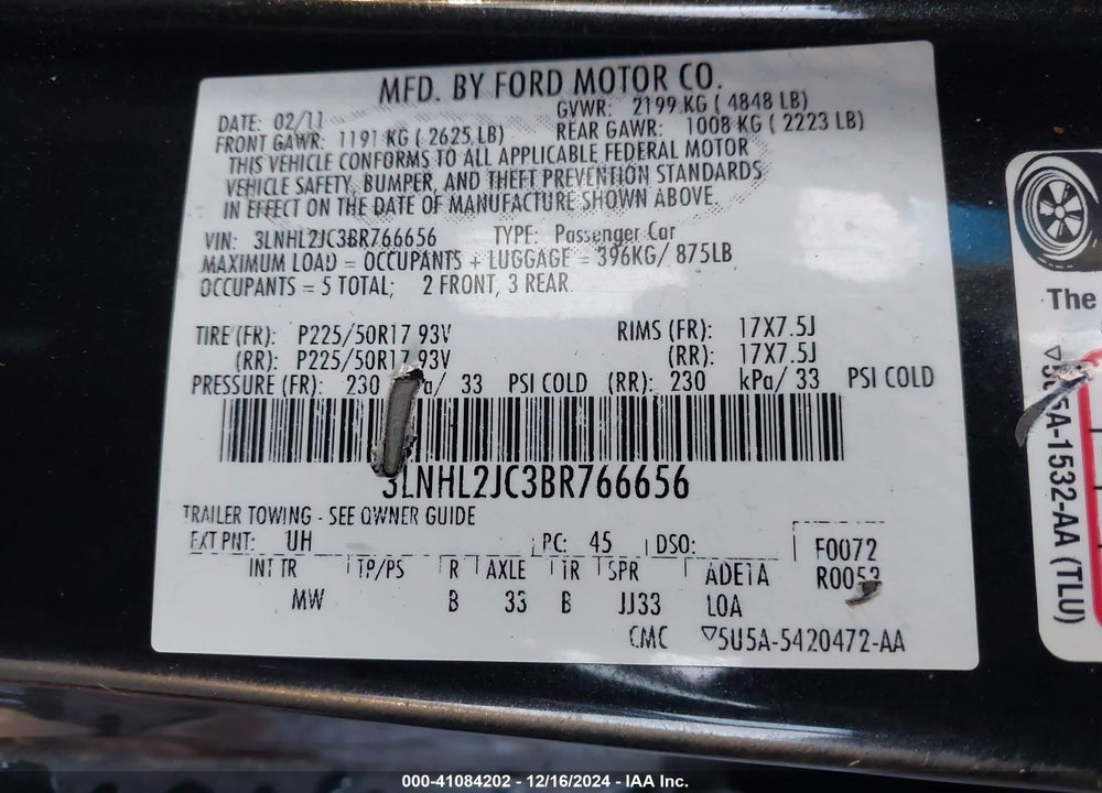 2011 LINCOLN MKZ VIN: 3LNHL2JC3BR766656