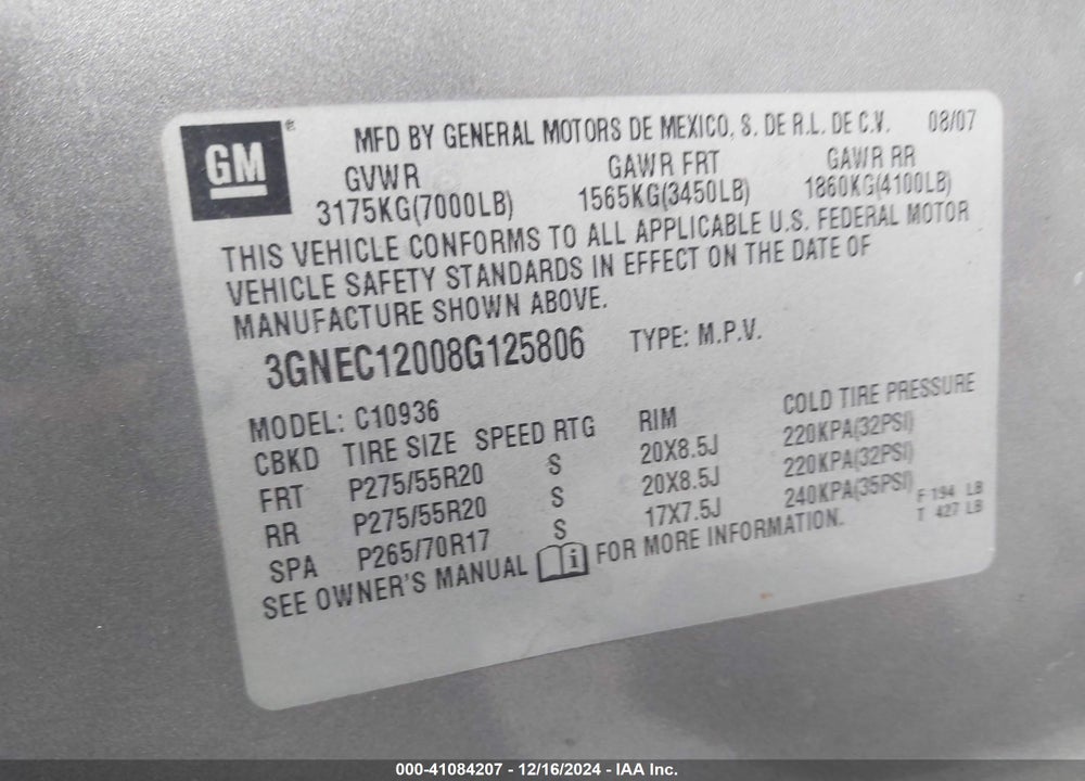 2008 CHEVROLET AVALANCHE 1500 LT VIN: 3GNEC12008G125806