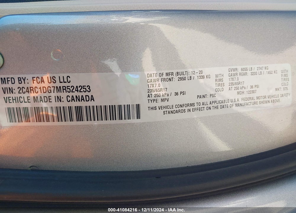 2021 CHRYSLER VOYAGER LXI VIN: 2C4RC1DG7MR524253
