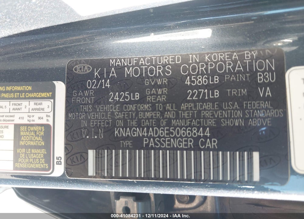 2014 KIA OPTIMA HYBRID EX VIN: KNAGN4AD6E5066844