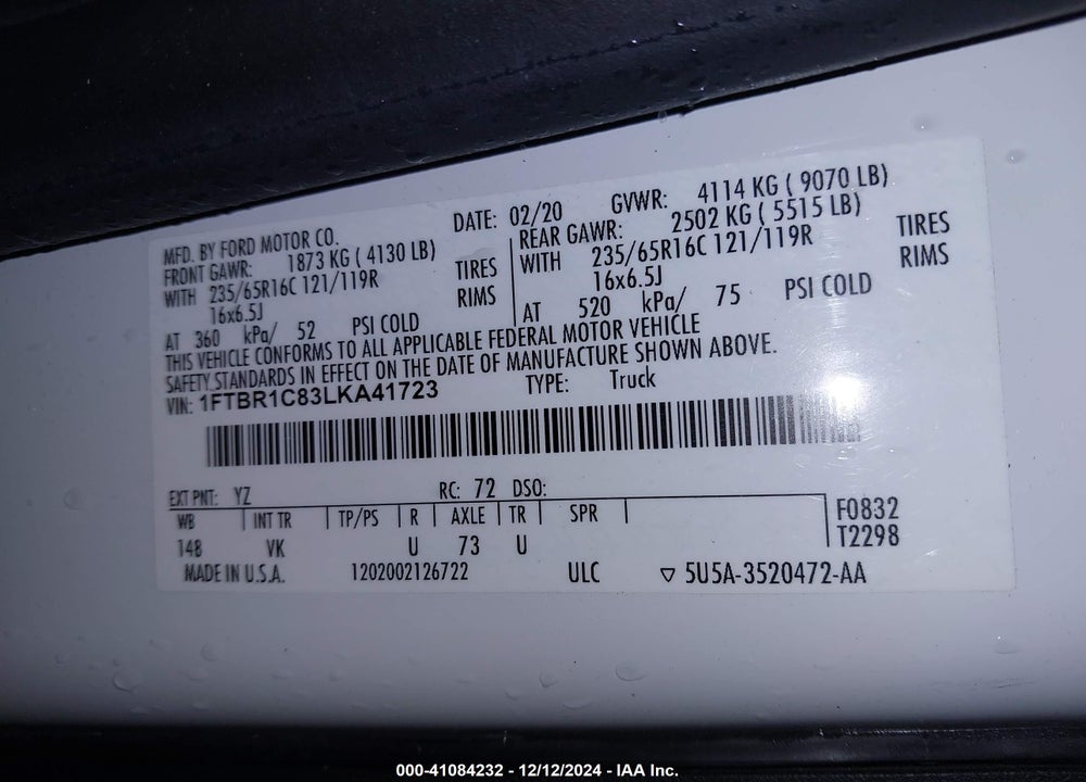 2020 FORD TRANSIT-250 CARGO VAN VIN: 1FTBR1C83LKA41723