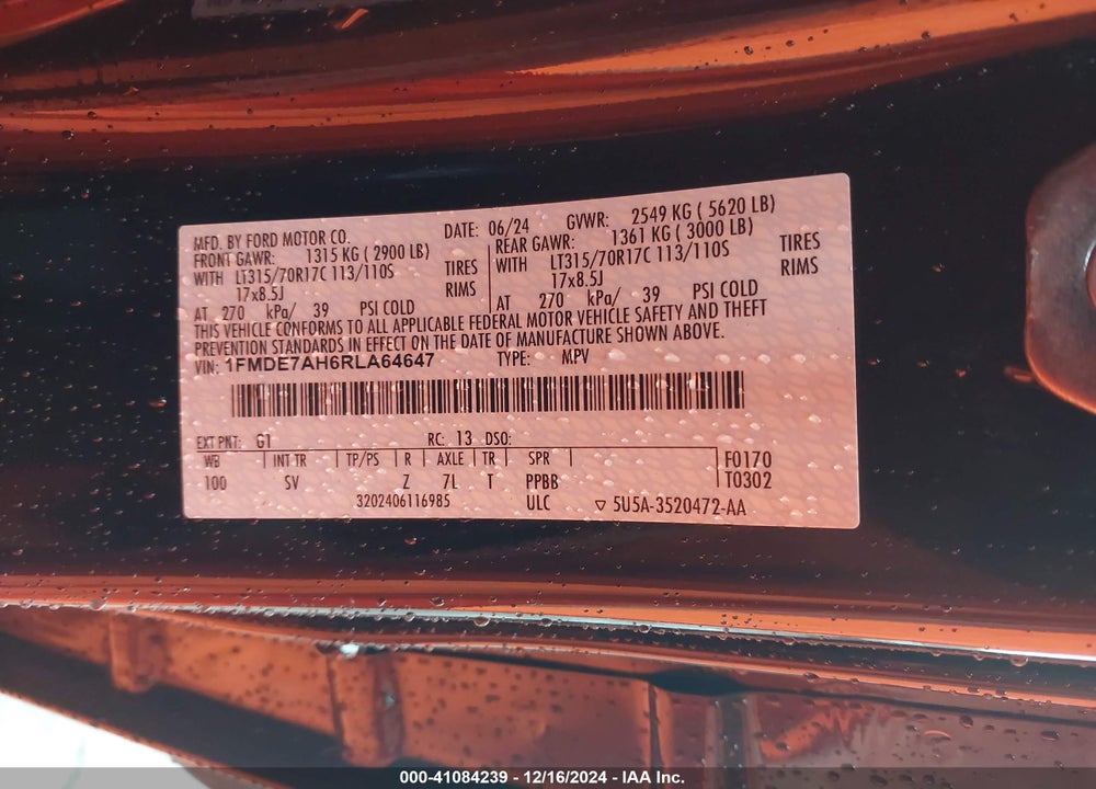 2024 FORD BRONCO BIG BEND VIN: 1FMDE7AH6RLA64647