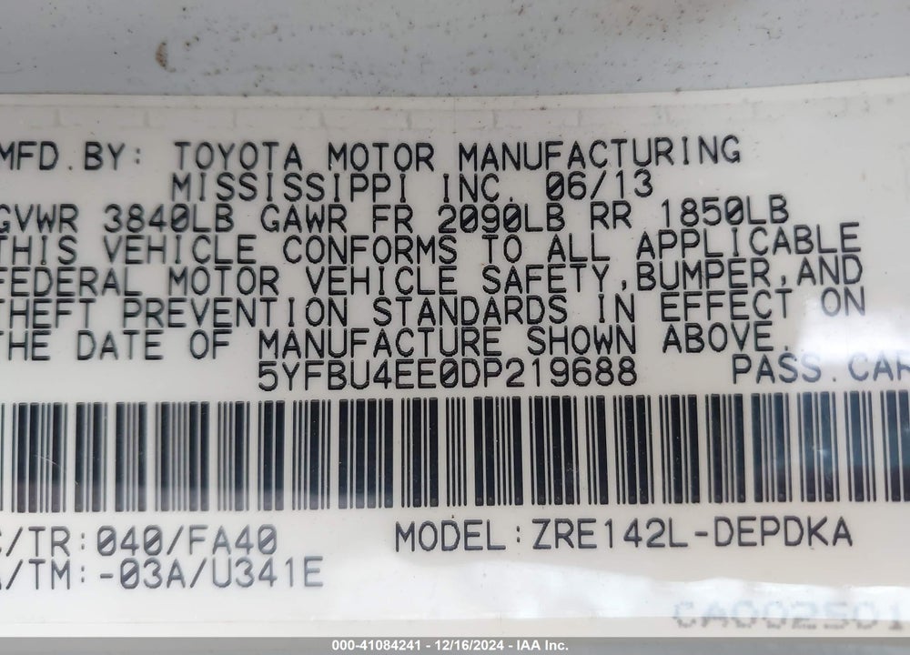 2013 TOYOTA COROLLA L VIN: 5YFBU4EE0DP219688