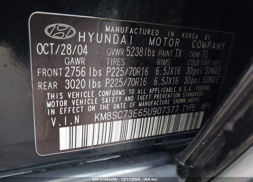 2005 HYUNDAI SANTA FE GLS/LX VIN: KM8SC73E65U907377