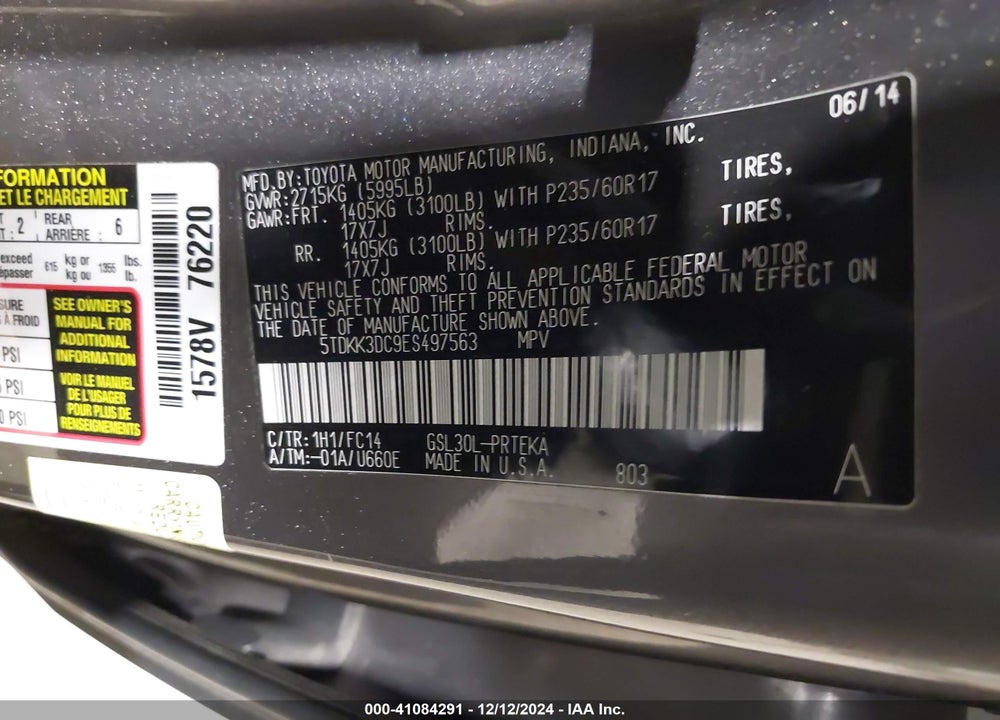 2014 TOYOTA SIENNA LE V6 8 PASSENGER VIN: 5TDKK3DC9ES497563