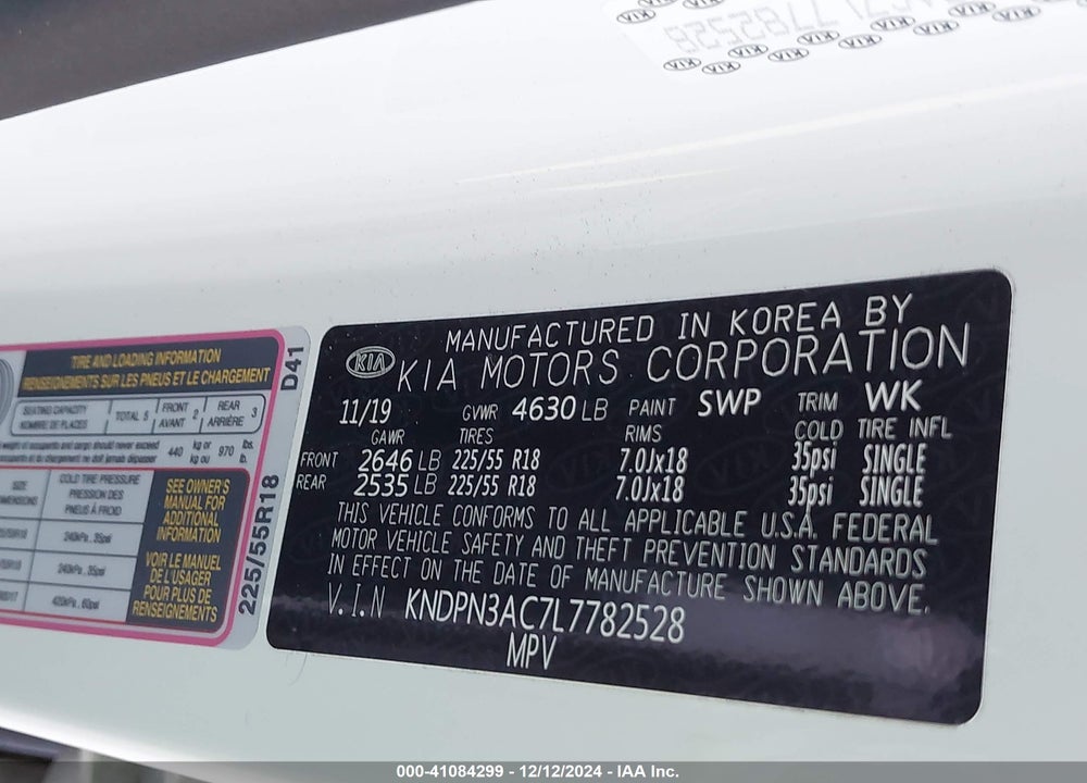 2020 KIA SPORTAGE EX VIN: KNDPN3AC7L7782528