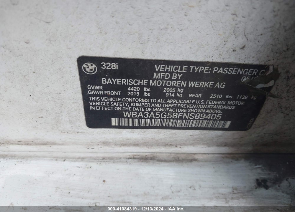 2015 BMW 328 VIN: WBA3A5G58FNS89405
