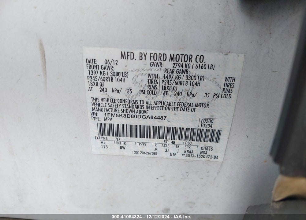 2013 FORD EXPLORER XLT VIN: 1FM5K8D80DGA84487