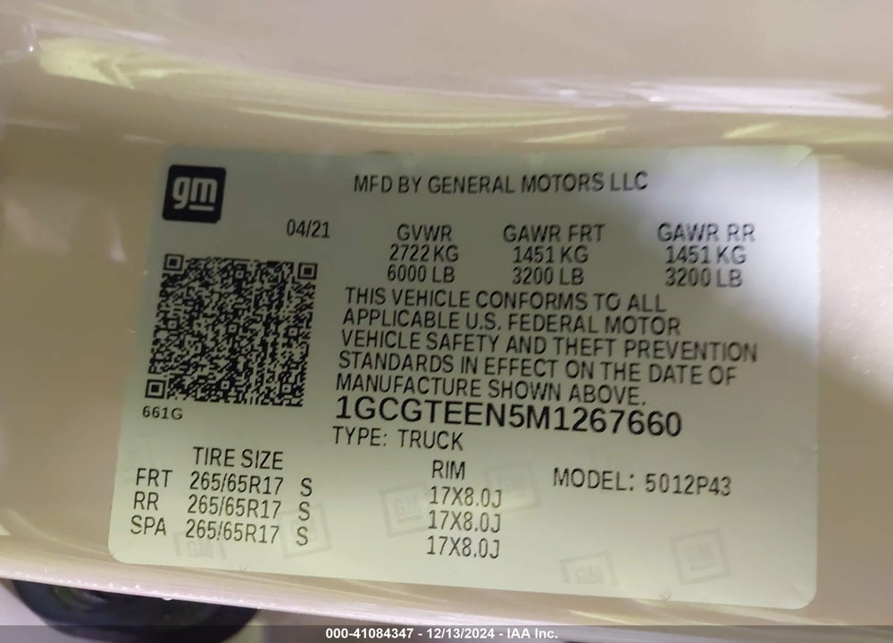 2021 CHEVROLET COLORADO 4WD SHORT BOX ZR2 VIN: 1GCGTEEN5M1267660