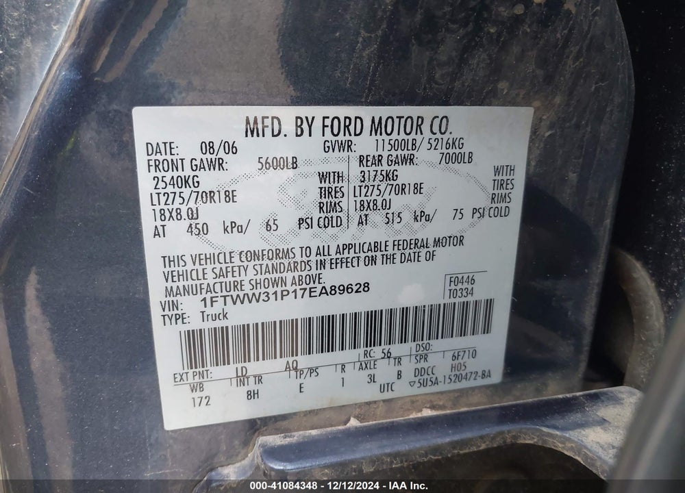 2007 FORD F-350 LARIAT/XL/XLT VIN: 1FTWW31P17EA89628