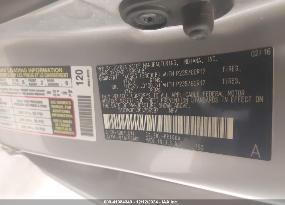 2016 TOYOTA SIENNA XLE 8 PASSENGER VIN: 5TDYK3DC3GS706597