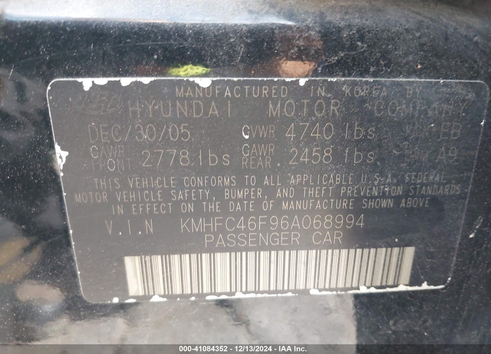 2006 HYUNDAI AZERA VIN: KMHFC46F96A068994