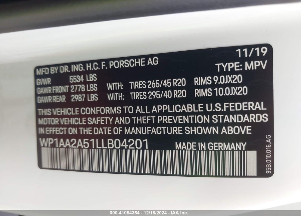 2020 PORSCHE MACAN VIN: WP1AA2A51LLB04201
