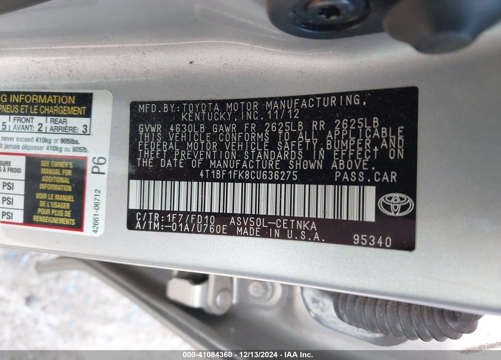 2012 TOYOTA CAMRY LE VIN: 4T1BF1FK8CU636275