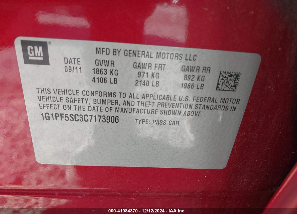 2012 CHEVROLET CRUZE 1LT VIN: 1G1PF5SC3C7173906